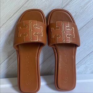 Tory Burch Double T Sport Slide Sandals 7.5 Miele/gold